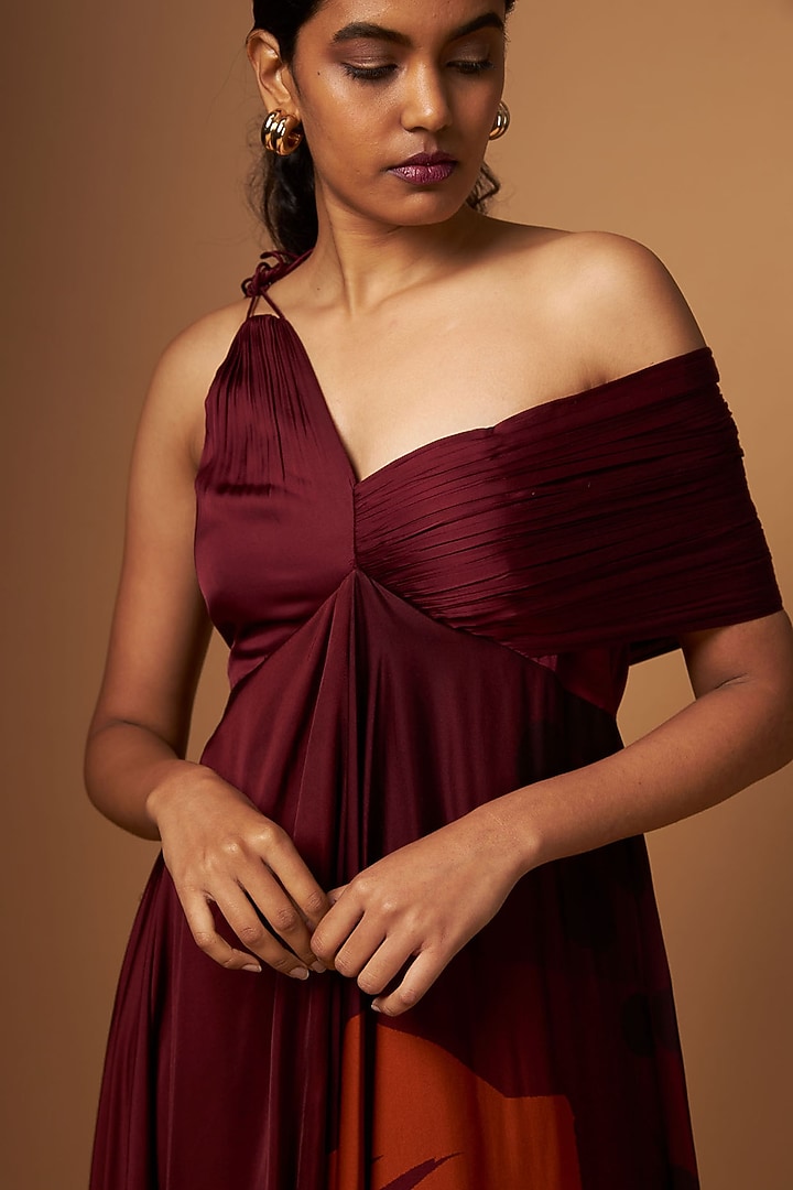 Maroon Satin Abstract Printed One-Shoulder Draped Vacation Dress by Vedika M at Pernia's Pop Up Shop