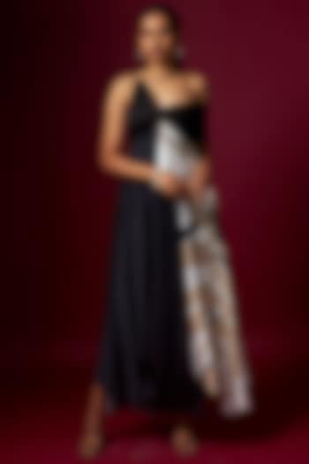 Black & White Satin Abstract Printed One-Shoulder Draped Vacation Dress by Vedika M at Pernia's Pop Up Shop