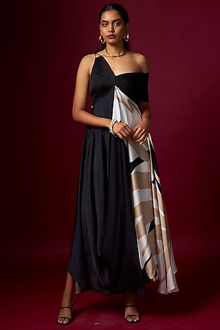 Black & White Satin Abstract Printed One-Shoulder Draped Dress by Vedika M