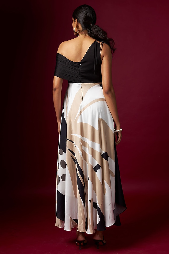 Black & White Satin Abstract Printed One-Shoulder Draped Vacation Dress by Vedika M at Pernia's Pop Up Shop