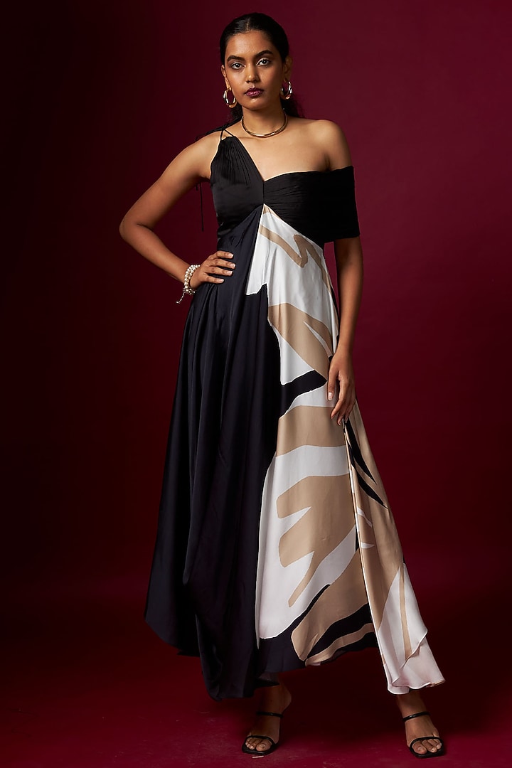 Black & White Satin Abstract Printed One-Shoulder Draped Vacation Dress by Vedika M at Pernia's Pop Up Shop