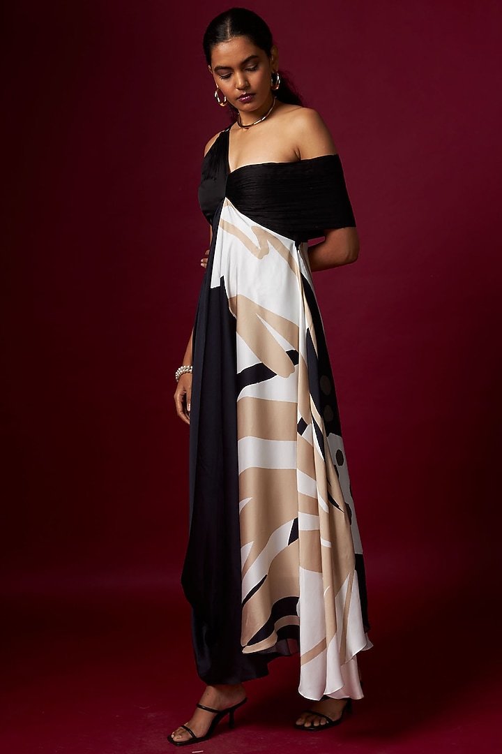 Black & White Satin Abstract Printed One-Shoulder Draped Vacation Dress by Vedika M at Pernia's Pop Up Shop