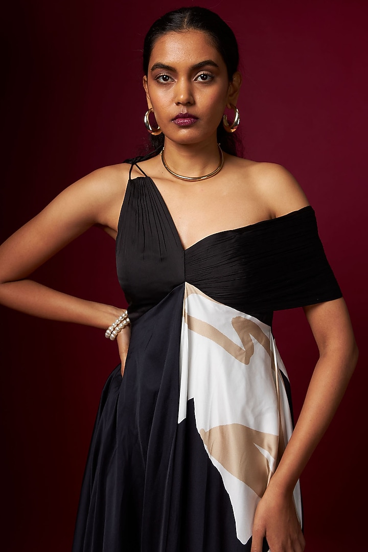 Black & White Satin Abstract Printed One-Shoulder Draped Vacation Dress by Vedika M at Pernia's Pop Up Shop