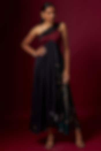 Multi-Colored Satin Abstract Printed One-Shoulder Draped Vacation Dress by Vedika M at Pernia's Pop Up Shop