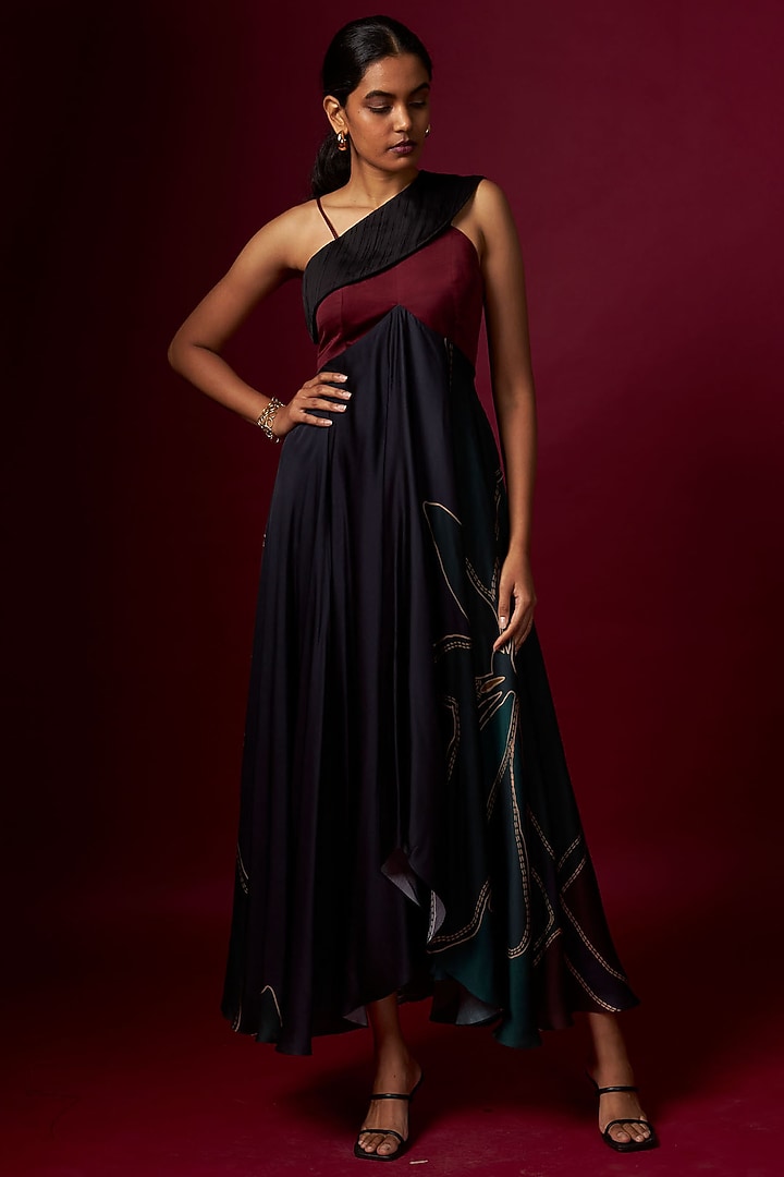 Multi-Colored Satin Abstract Printed One-Shoulder Draped Vacation Dress by Vedika M at Pernia's Pop Up Shop