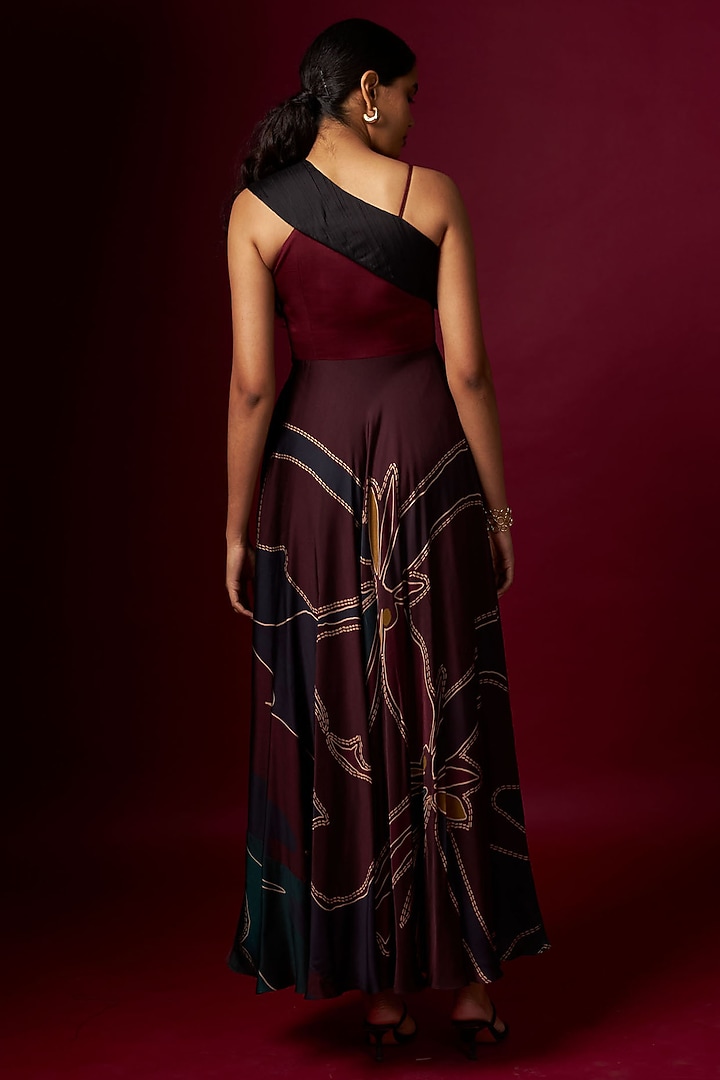 Multi-Colored Satin Abstract Printed One-Shoulder Draped Vacation Dress by Vedika M at Pernia's Pop Up Shop