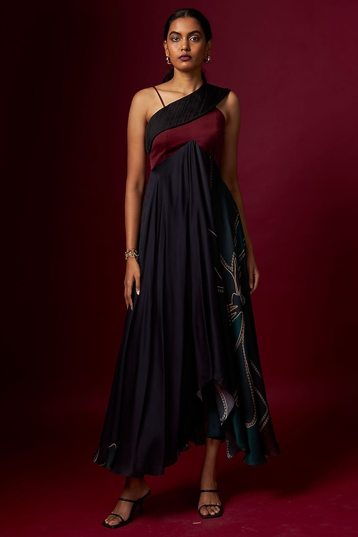 Multi-Colored Satin Abstract Printed One-Shoulder Draped Vacation Dress by Vedika M at Pernia's Pop Up Shop