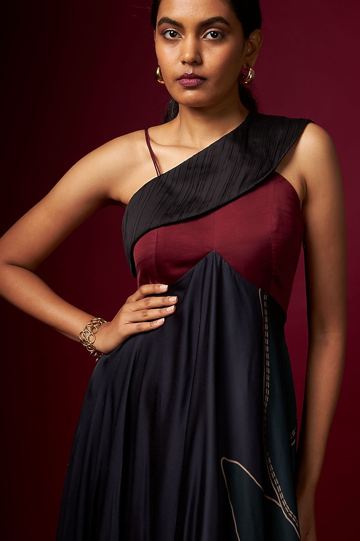 Multi-Colored Satin Abstract Printed One-Shoulder Draped Vacation Dress by Vedika M at Pernia's Pop Up Shop