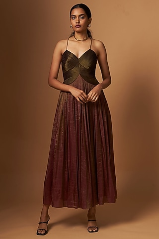 Green-Purple Tissue Silk Dress by Vedika M