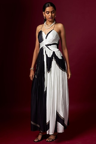 Black & White Satin Abstract Printed Dress by Vedika M