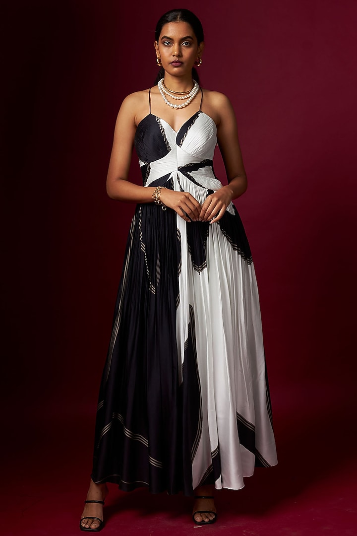 Black & White Satin Abstract Printed Vacation Dress by Vedika M at Pernia's Pop Up Shop