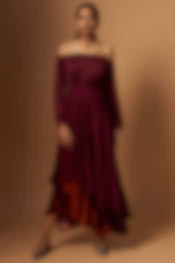 Maroon Satin Abstract Printed Off-Shoulder Vacation Dress by Vedika M at Pernia's Pop Up Shop