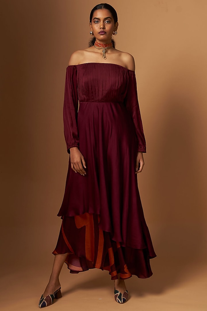 Maroon Satin Abstract Printed Off-Shoulder Vacation Dress by Vedika M at Pernia's Pop Up Shop