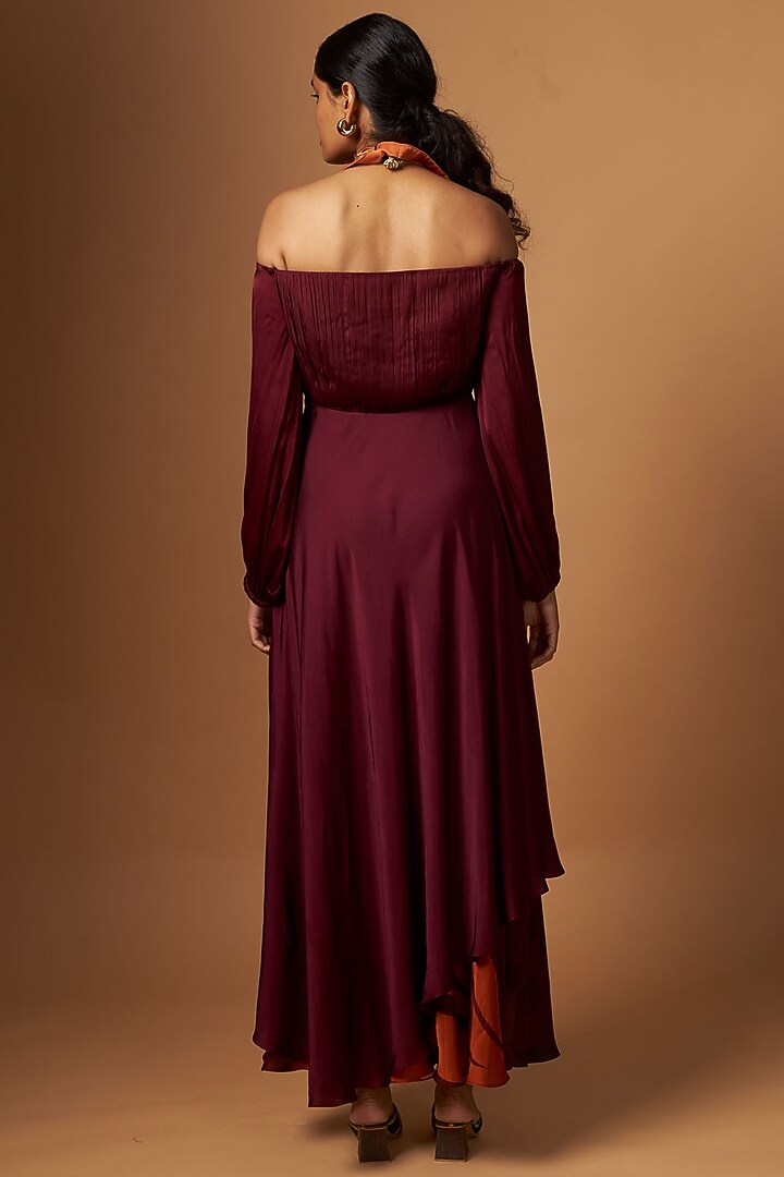 Maroon Satin Abstract Printed Off-Shoulder Vacation Dress by Vedika M at Pernia's Pop Up Shop