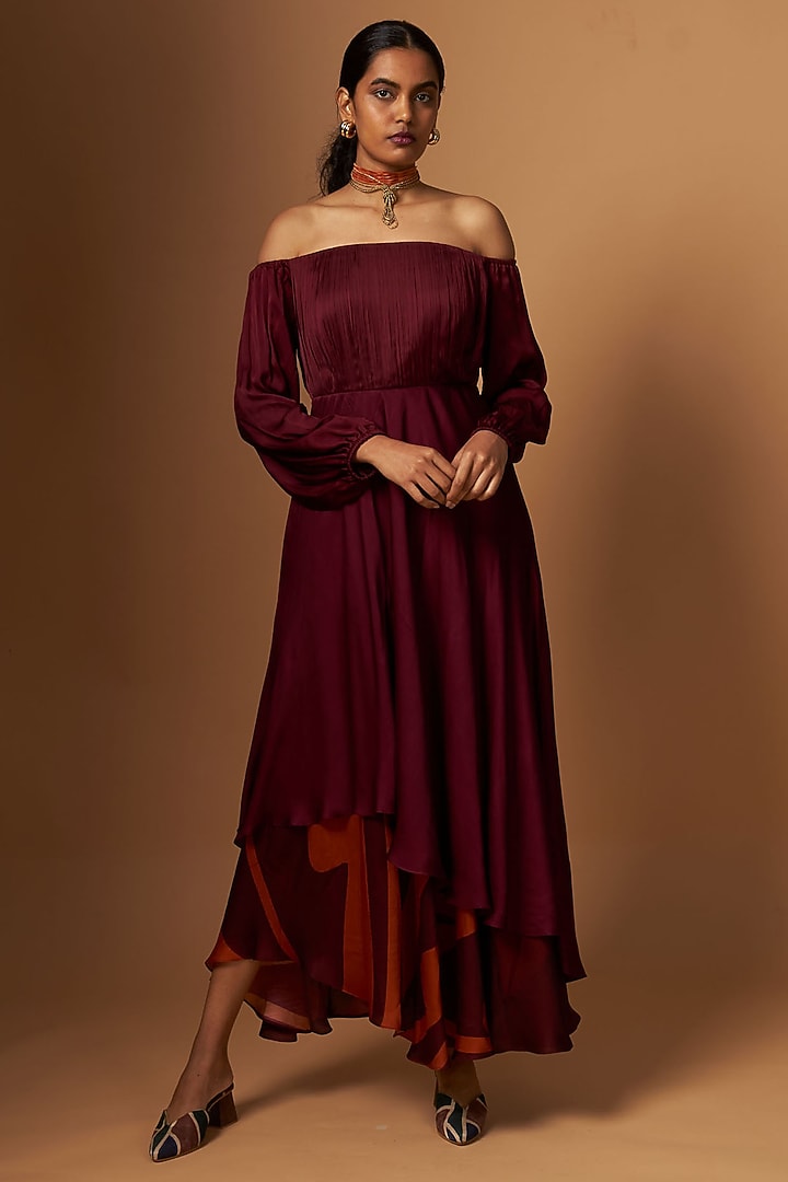 Maroon Satin Abstract Printed Off-Shoulder Vacation Dress by Vedika M at Pernia's Pop Up Shop
