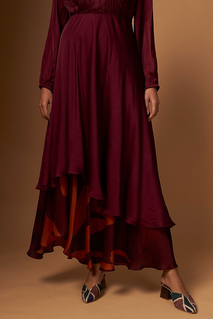 Maroon Satin Abstract Printed Off-Shoulder Vacation Dress by Vedika M at Pernia's Pop Up Shop