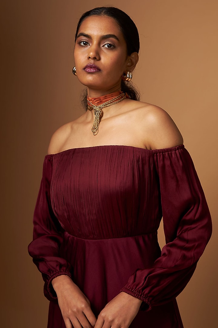 Maroon Satin Abstract Printed Off-Shoulder Vacation Dress by Vedika M at Pernia's Pop Up Shop