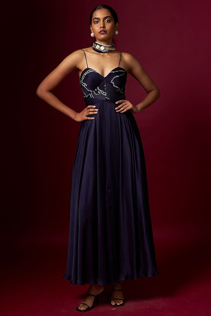 Blue Satin Abstract Printed Vacation Dress by Vedika M at Pernia's Pop Up Shop