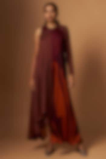 Brown & Maroon Satin Abstract Printed Vacation Dress by Vedika M at Pernia's Pop Up Shop