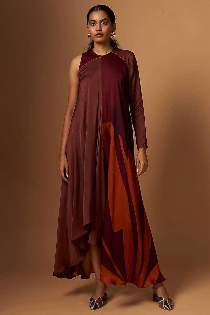 Brown & Maroon Satin Abstract Printed Vacation Dress by Vedika M at Pernia's Pop Up Shop