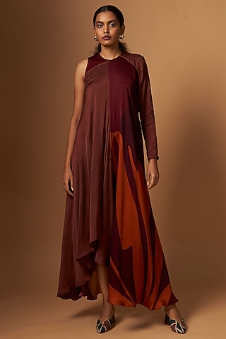 Brown & Maroon Satin Abstract Printed Dress by Vedika M