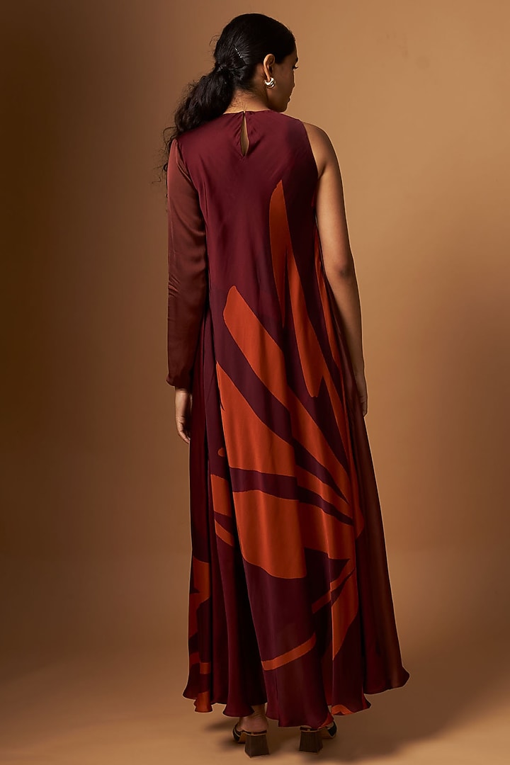 Brown & Maroon Satin Abstract Printed Vacation Dress by Vedika M at Pernia's Pop Up Shop
