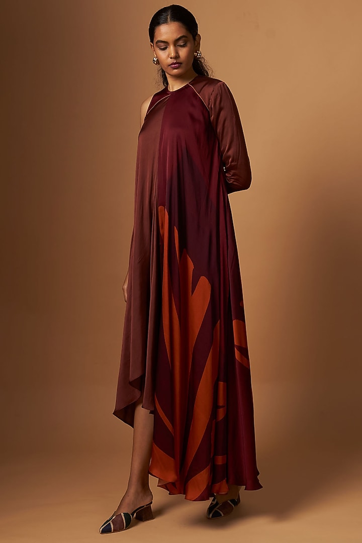 Brown & Maroon Satin Abstract Printed Vacation Dress by Vedika M at Pernia's Pop Up Shop