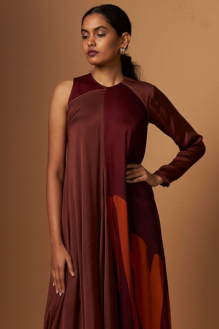 Brown & Maroon Satin Abstract Printed Vacation Dress by Vedika M at Pernia's Pop Up Shop