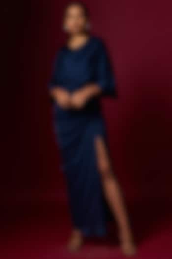 Blue Satin Draped Skirt Set by Vedika M at Pernia's Pop Up Shop