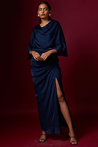 Blue Satin Draped Skirt Set by Vedika M