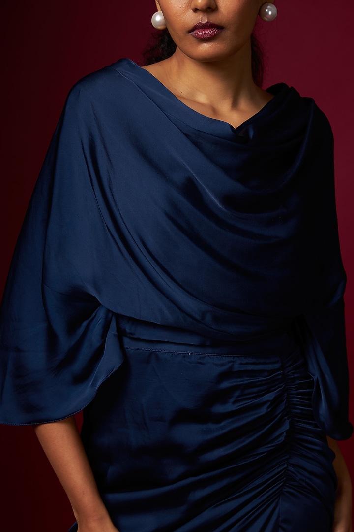 Blue Satin Draped Skirt Set by Vedika M at Pernia's Pop Up Shop