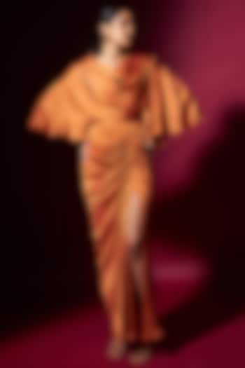 Orange Satin Draped Skirt Set by Vedika M at Pernia's Pop Up Shop