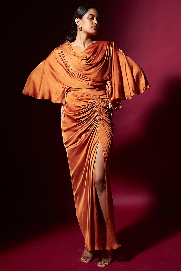 Orange Satin Draped Skirt Set by Vedika M at Pernia's Pop Up Shop