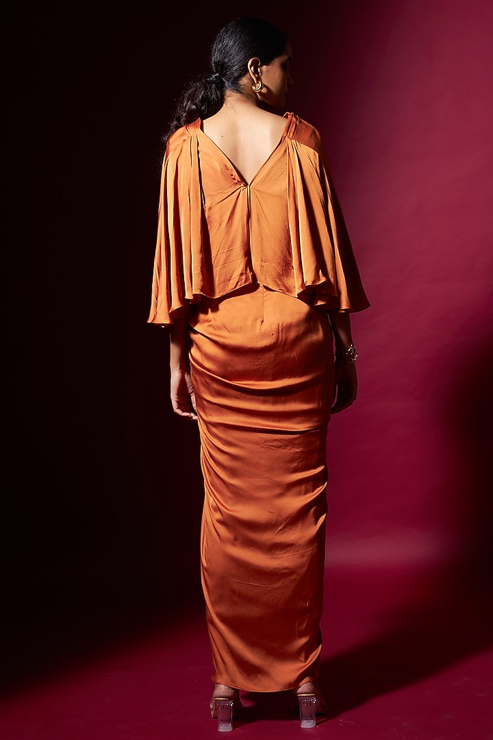 Orange Satin Draped Skirt Set by Vedika M at Pernia's Pop Up Shop