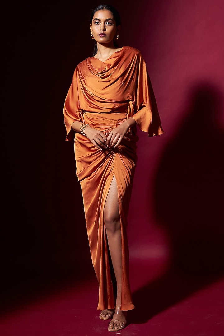 Orange Satin Draped Skirt Set by Vedika M at Pernia's Pop Up Shop