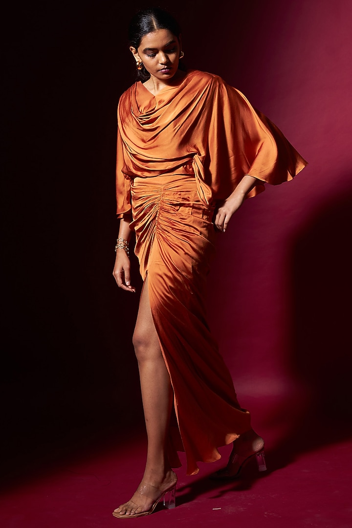 Orange Satin Draped Skirt Set by Vedika M at Pernia's Pop Up Shop