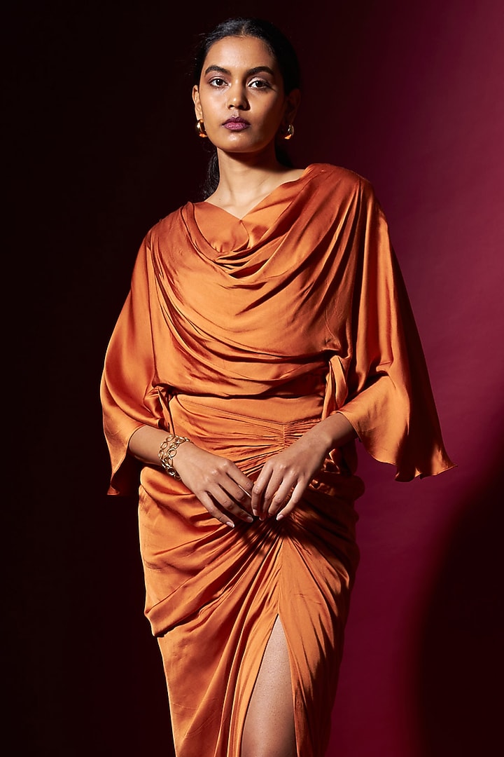 Orange Satin Draped Skirt Set by Vedika M at Pernia's Pop Up Shop