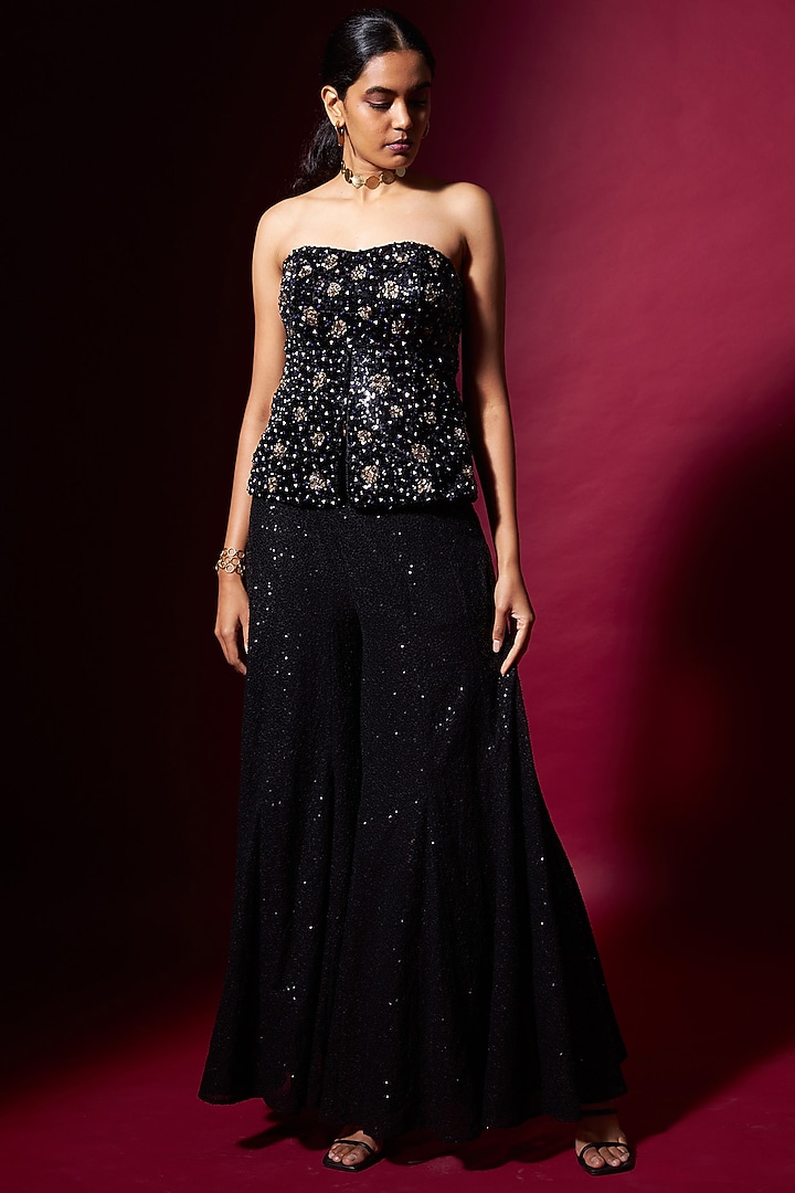 Black Sequinned Fabric Pant Set by Vedika M at Pernia's Pop Up Shop