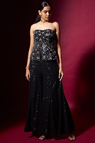 Black Sequinned Fabric Pant Set by Vedika M
