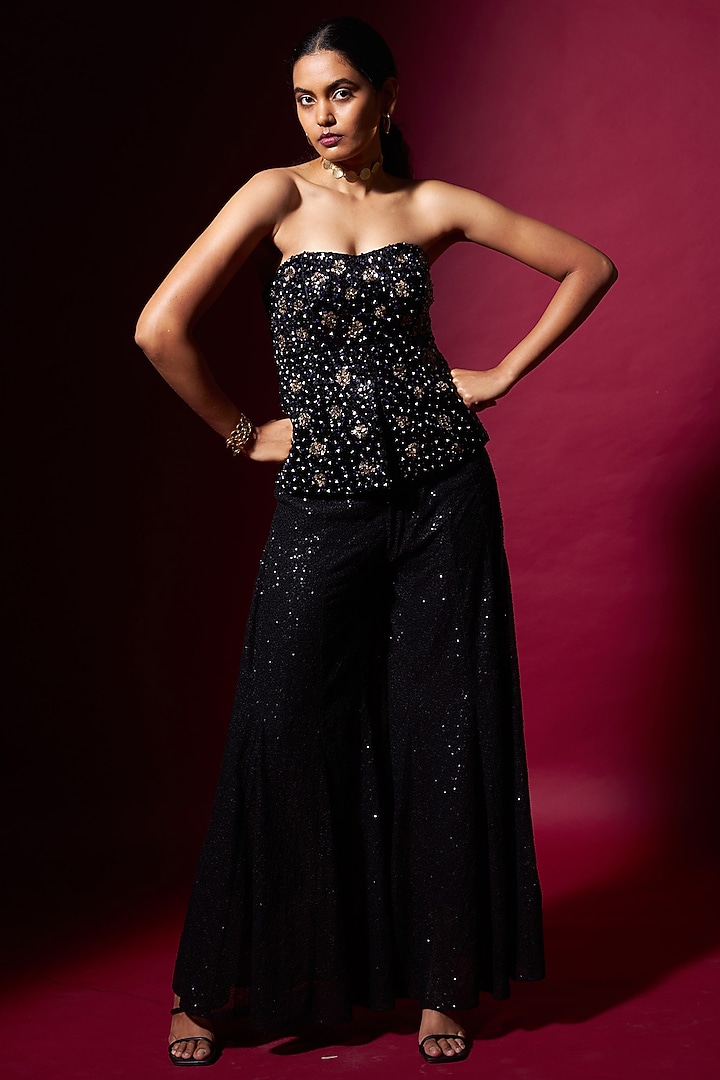 Black Sequinned Fabric Pant Set by Vedika M at Pernia's Pop Up Shop