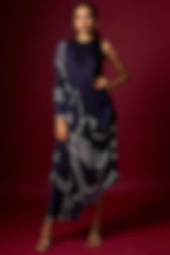 Blue Satin Abstract Printed Draped Summer Dress by Vedika M at Pernia's Pop Up Shop