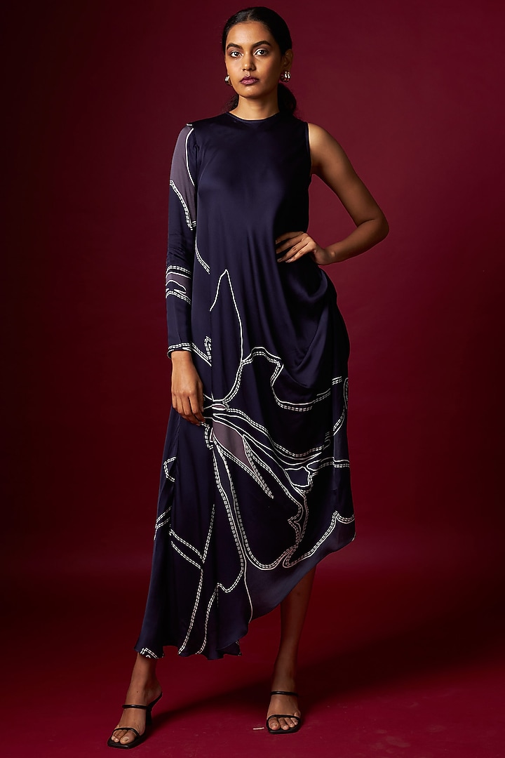 Blue Satin Abstract Printed Draped Summer Dress by Vedika M at Pernia's Pop Up Shop