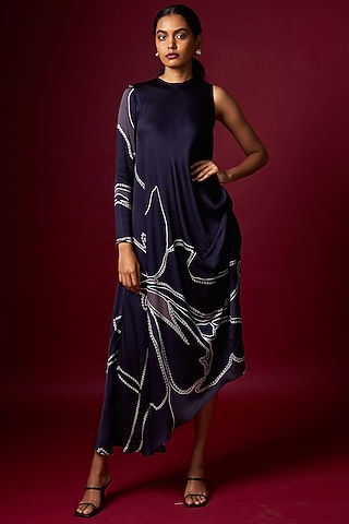 Blue Satin Abstract Printed Draped Dress by Vedika M