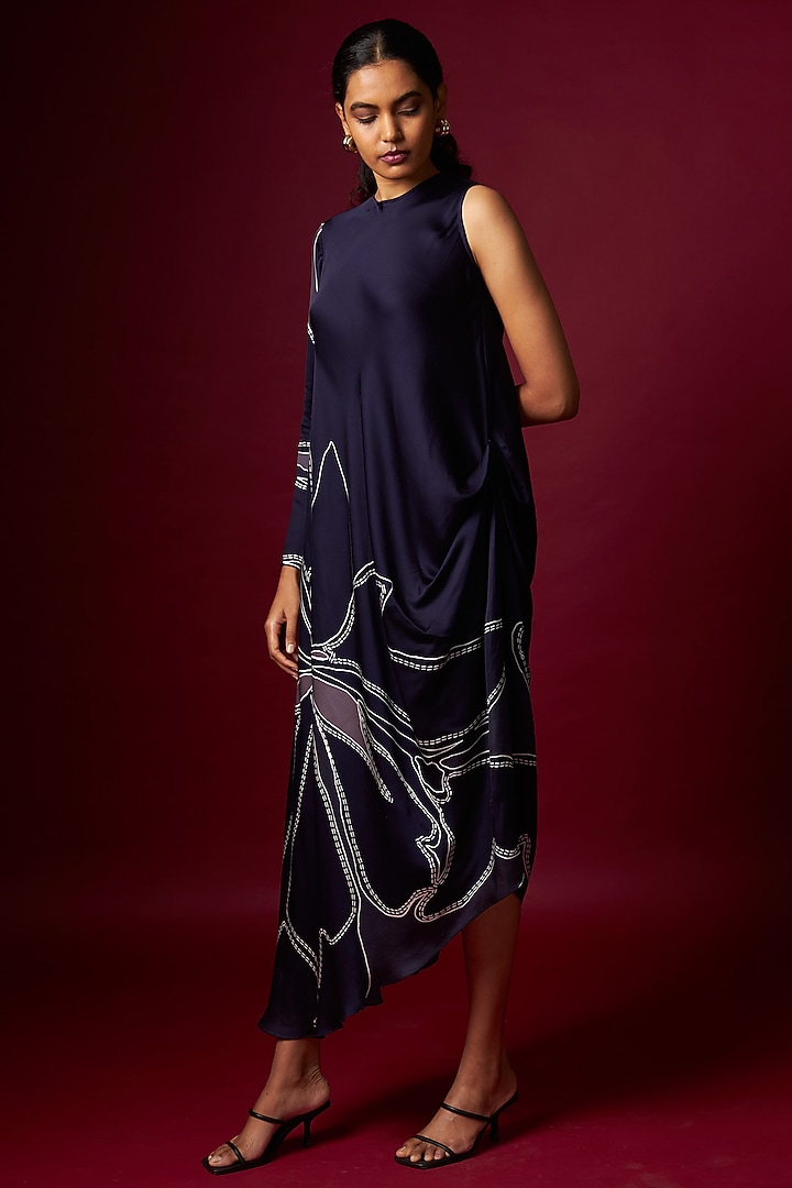 Blue Satin Abstract Printed Draped Summer Dress by Vedika M at Pernia's Pop Up Shop