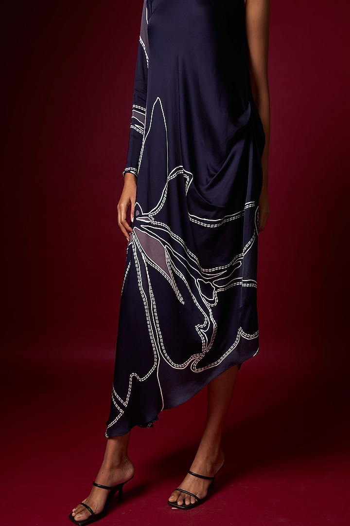 Blue Satin Abstract Printed Draped Summer Dress by Vedika M at Pernia's Pop Up Shop