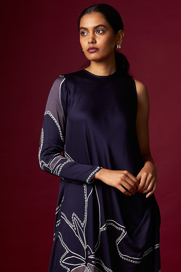 Blue Satin Abstract Printed Draped Summer Dress by Vedika M at Pernia's Pop Up Shop