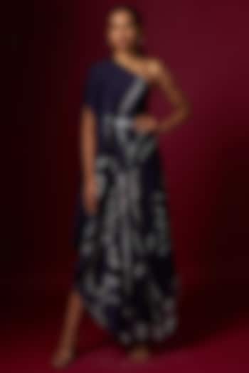 Blue Satin Abstract Printed One-Shoulder Draped Summer Dress With Belt by Vedika M at Pernia's Pop Up Shop