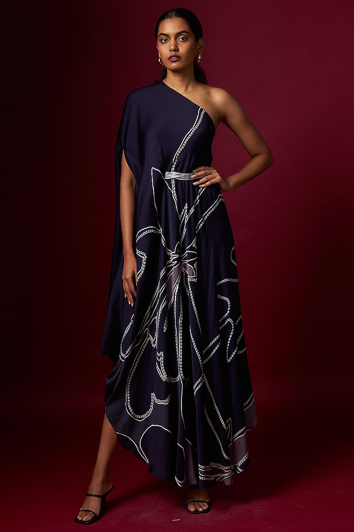Blue Satin Abstract Printed One-Shoulder Draped Summer Dress With Belt by Vedika M at Pernia's Pop Up Shop