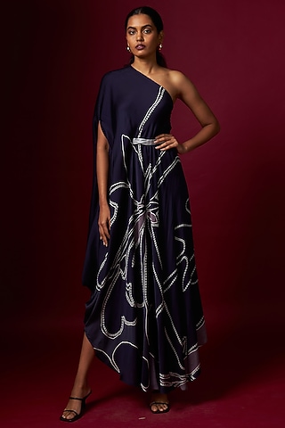 Blue Satin Abstract Printed One-Shoulder Draped Dress With Belt by Vedika M