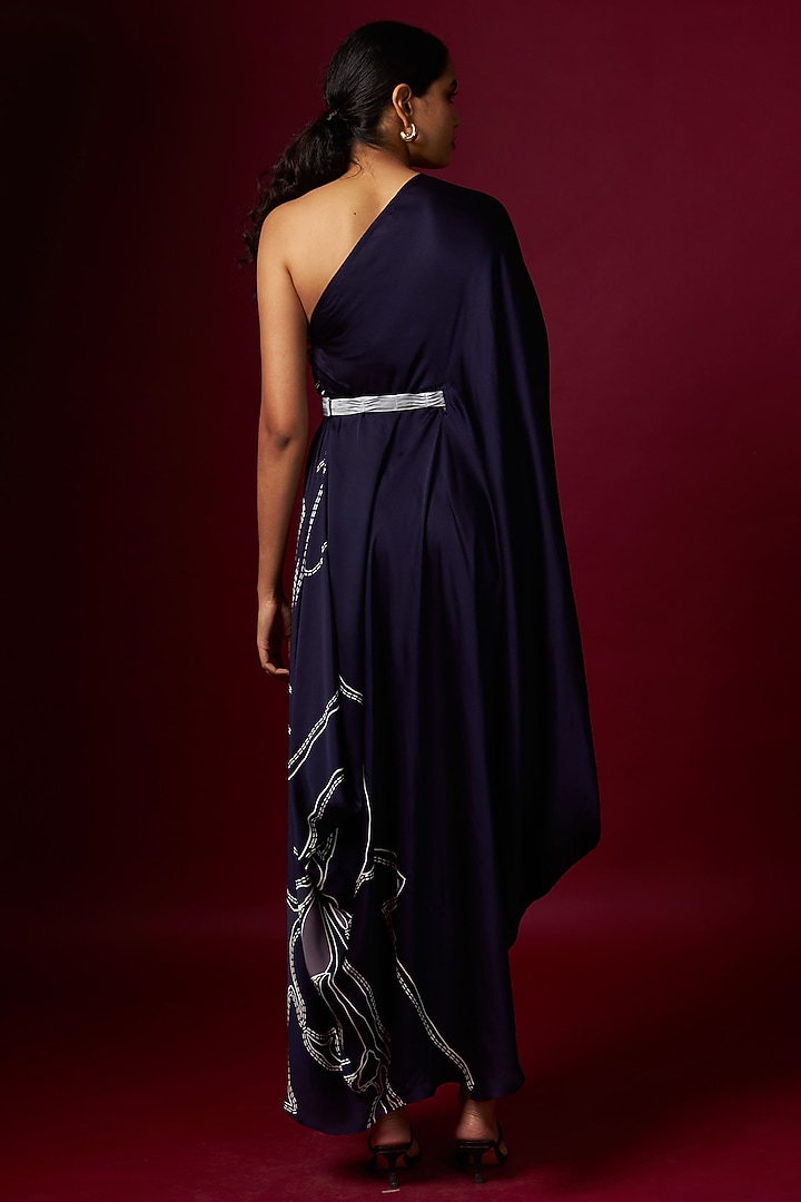Blue Satin Abstract Printed One-Shoulder Draped Summer Dress With Belt by Vedika M at Pernia's Pop Up Shop